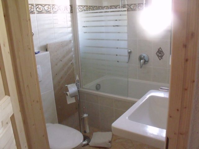 Badezimmer:Badewanne mit Dusche, WC, Spiegelschrank, Waschbecken